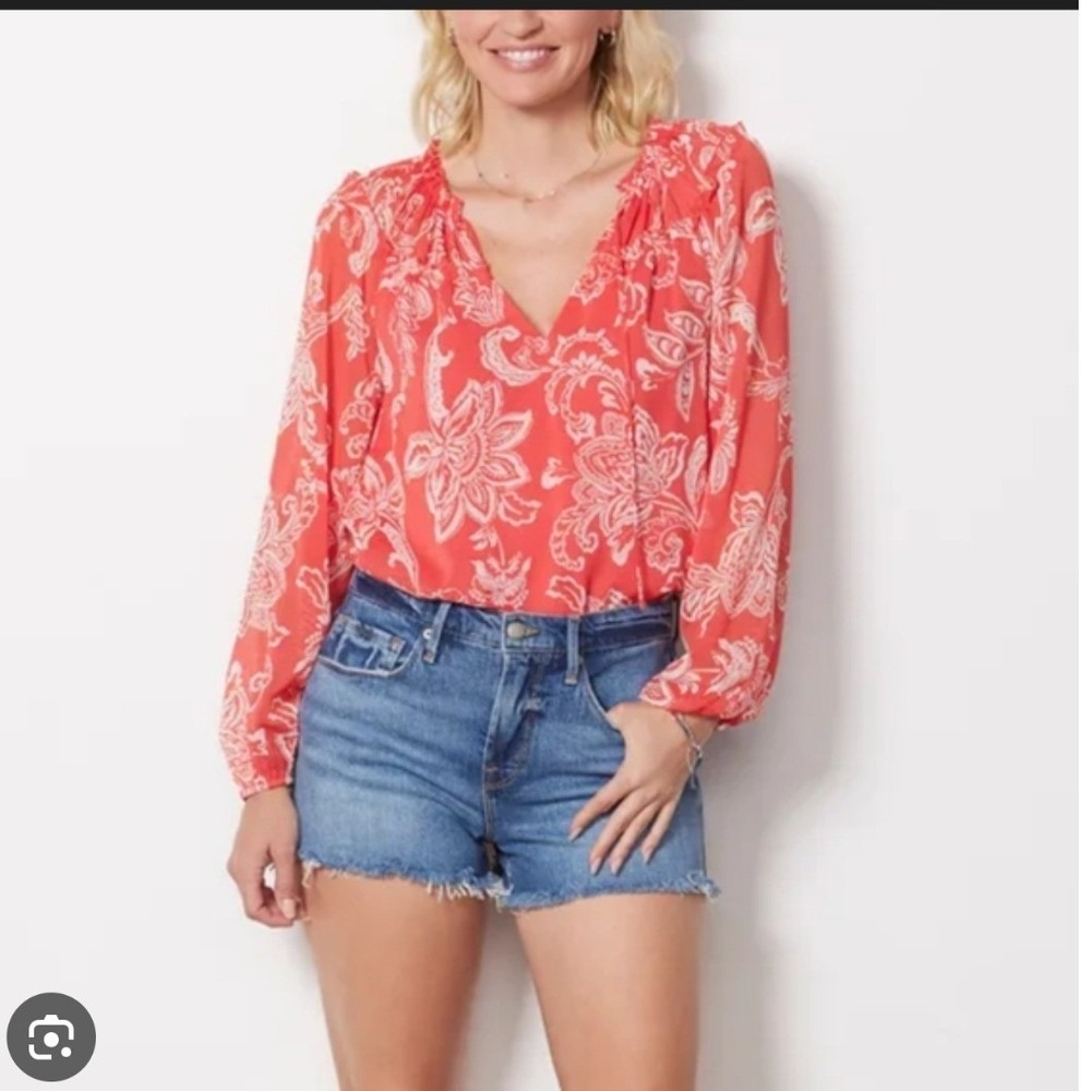 Evereve Women's Hayden Gathered Chiffon Blouse Coral Red Floral‎ Paisley Top- L